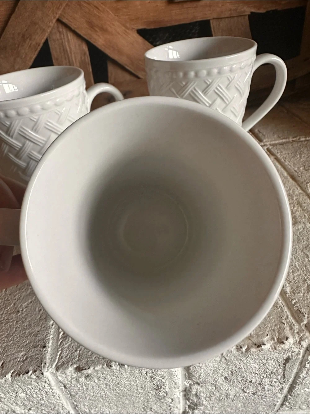3 Coffee Cup Mug Williams Sonoma Outlet White Basket Weave Dots Lattice China